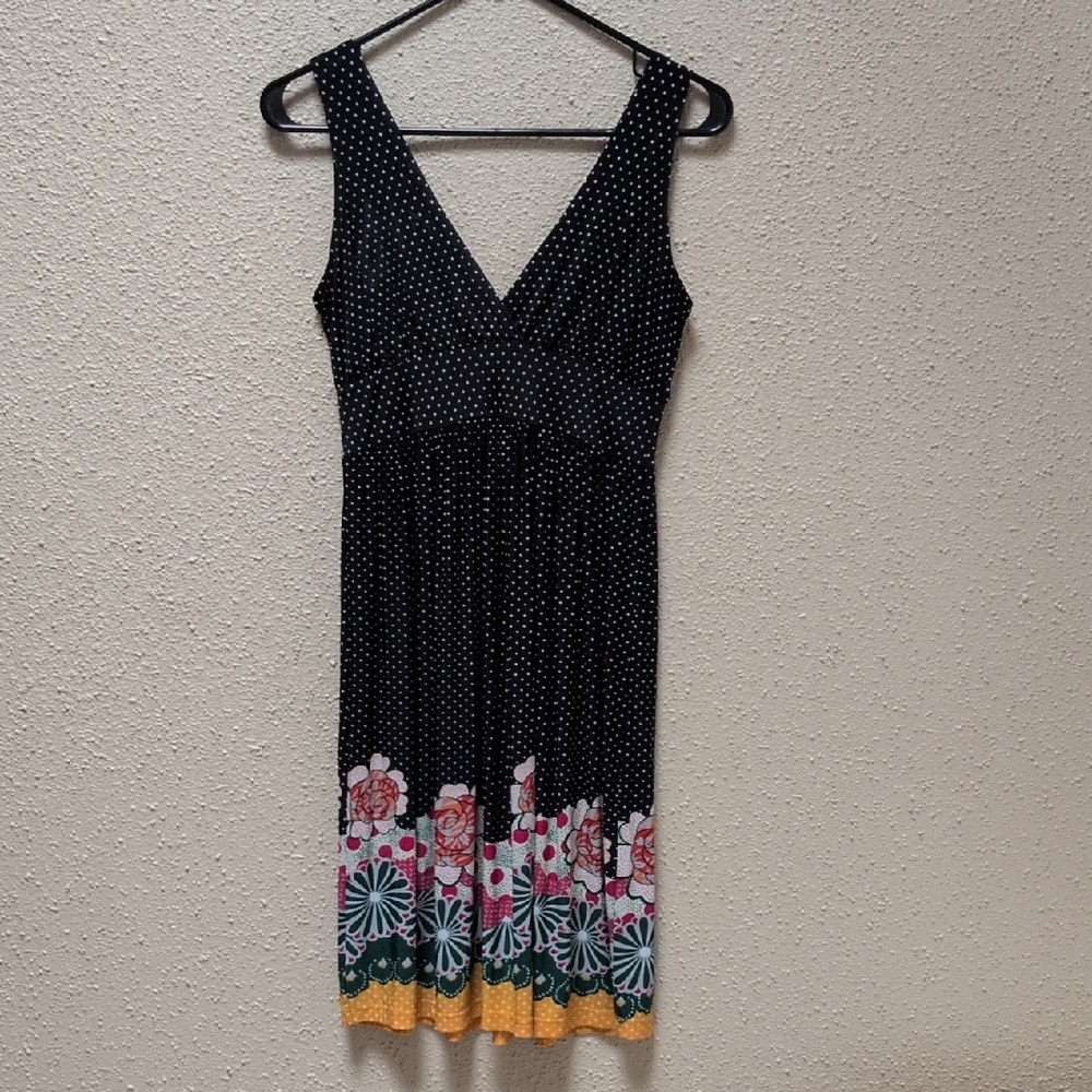 Lola Black and White Polka Dot Dress with Floral Hem